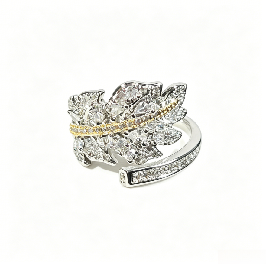 Two-Tone Paved Crystal Maple Leaf Open Ring (Luxury Vintage Women's Band)