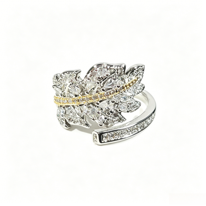 Two-Tone Paved Crystal Maple Leaf Open Ring (Luxury Vintage Women's Band)