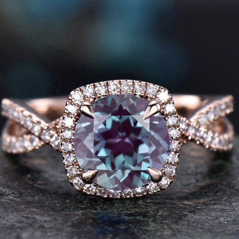 Color Changing Alexandrite Cushion Halo Ring, Twist Shank Paved Engagement Ring Two Tones Available