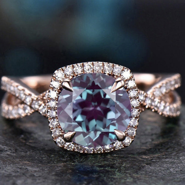 Color Changing Alexandrite Cushion Halo Ring, Twist Shank Paved Engagement Ring Two Tones Available