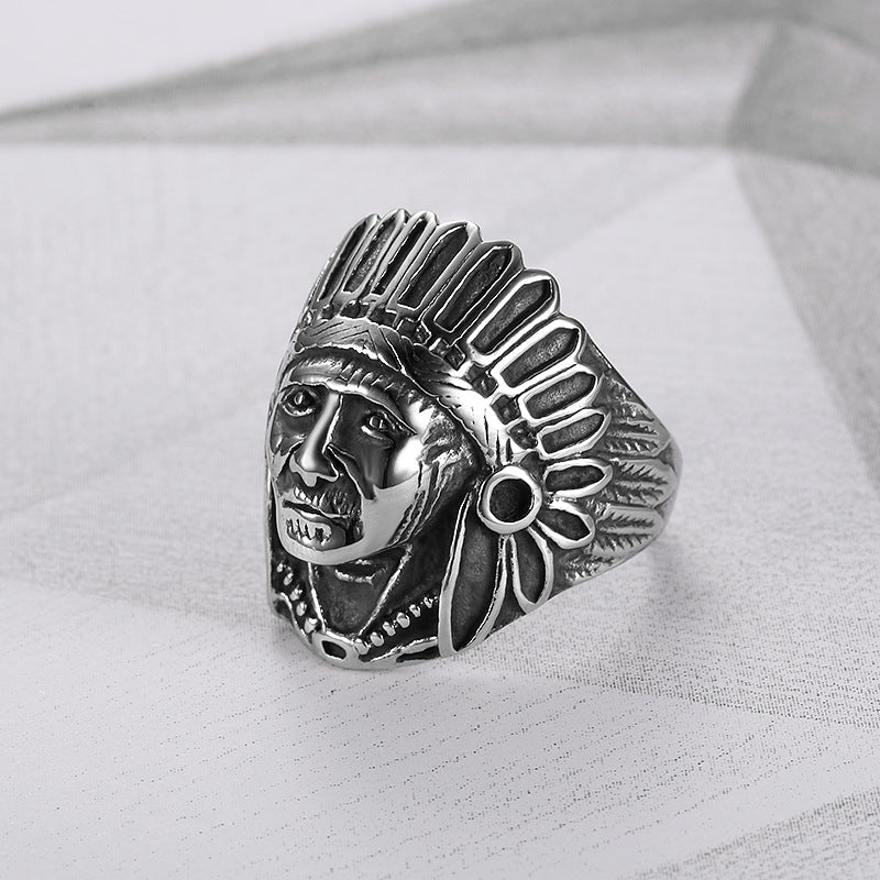 Antiqued Native American Chief 3D Embossed Wide Ring, Solid S925 Silver Tribal Heavy Men’s Band