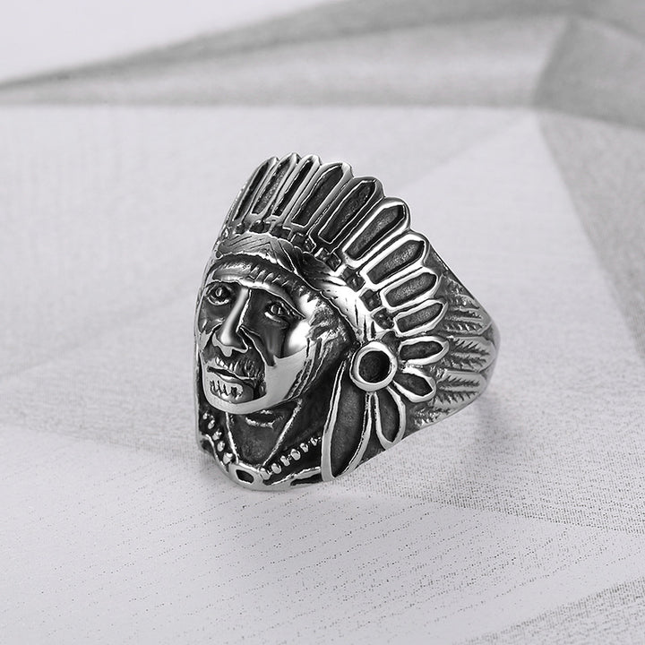 Antiqued Native American Chief 3D Embossed Wide Ring, Solid S925 Silver Tribal Heavy Men’s Band