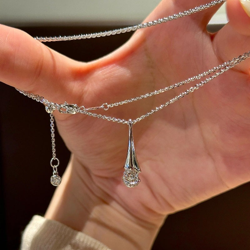 Teardrop Solitaire Clavicle Necklace, Minimalist Streamlined Diamond Thin Chain