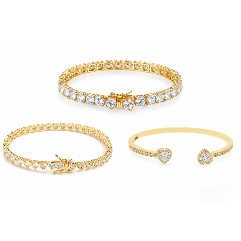 Luxury Diamond Bracelet Trio (Heart Cuff, Round Tennis, Heart Tennis)