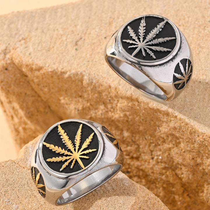 Vintage Maple Leaf Embossed Two-Tone Signet Ring, S925 Silver Gold & Silver Two Tone Street Wide Band For Men