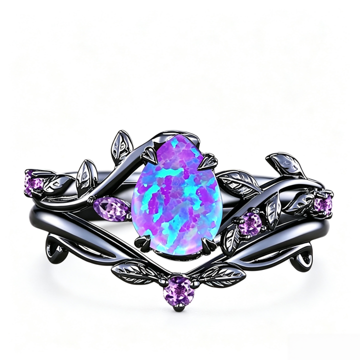 Black‑Plated Teardrop Opal Vine‑Shaped Ring With Purple Diamond