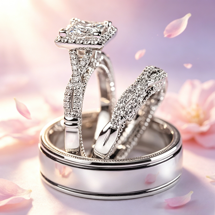 Princess Cut Twisted Paved Three-Piece Wedding Ring Set, Gold Silver Rose Gold Luxury Engagement Matching Ring Set