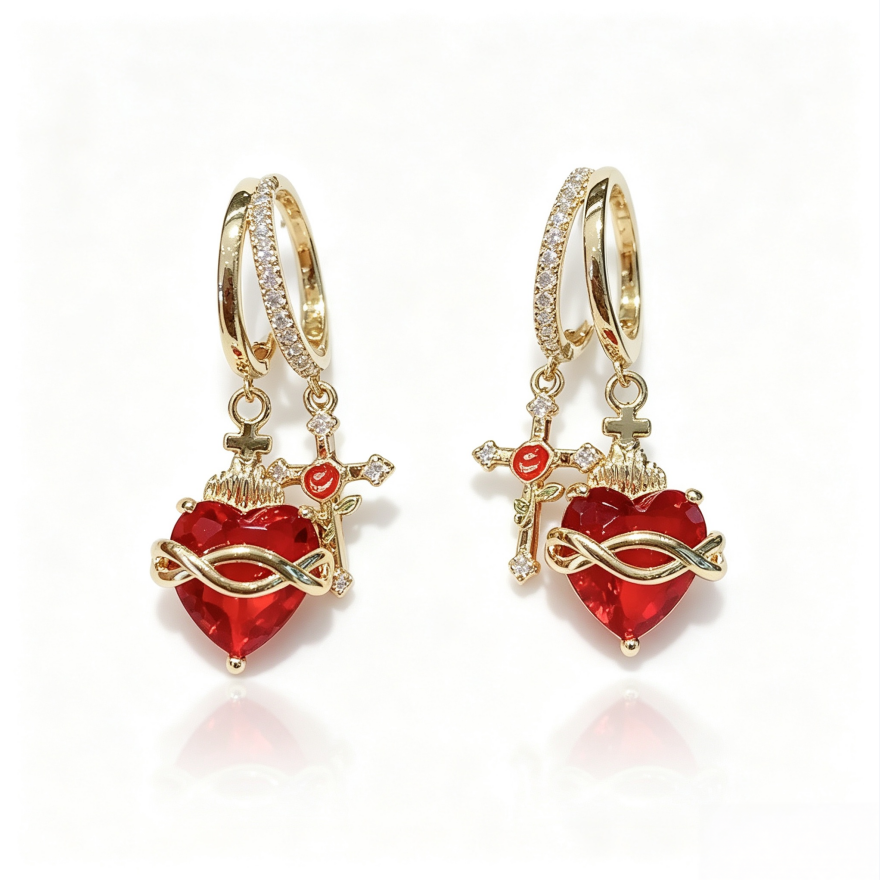 Red Heart Cross Diamond Hoop Earrings, Vintage Red Heart Long Dangle Earrings, Gold Luxury Earrings