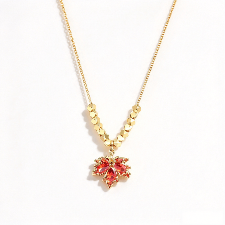 Red Diamond Maple Leaf Pendant Necklace