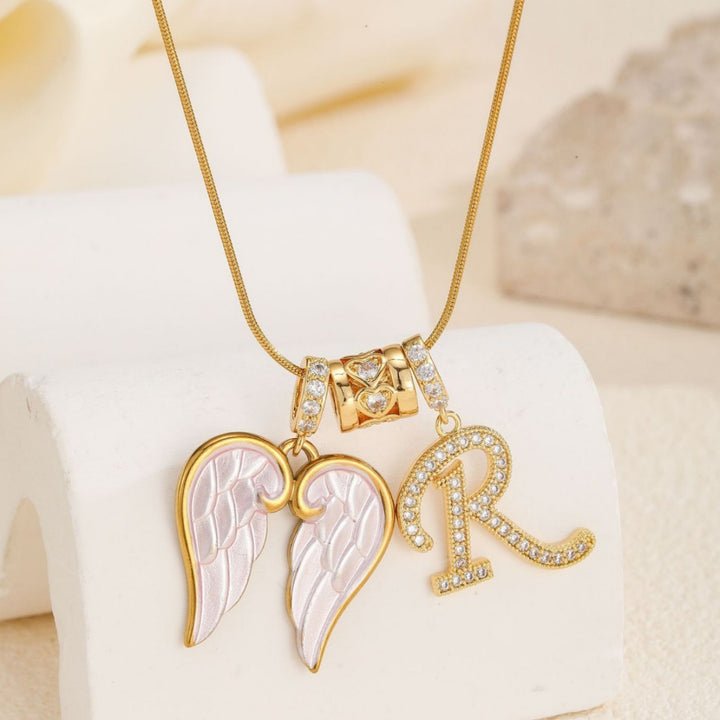 Pink Enamel Angel Wing Initial Necklace, Custom 26 Letters Gold Plated Diamond Pendant