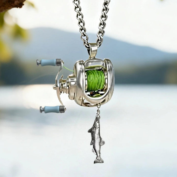 Mini Fishing Reel Pendant Necklace (Antique Silver Men's Unique Jewelry)