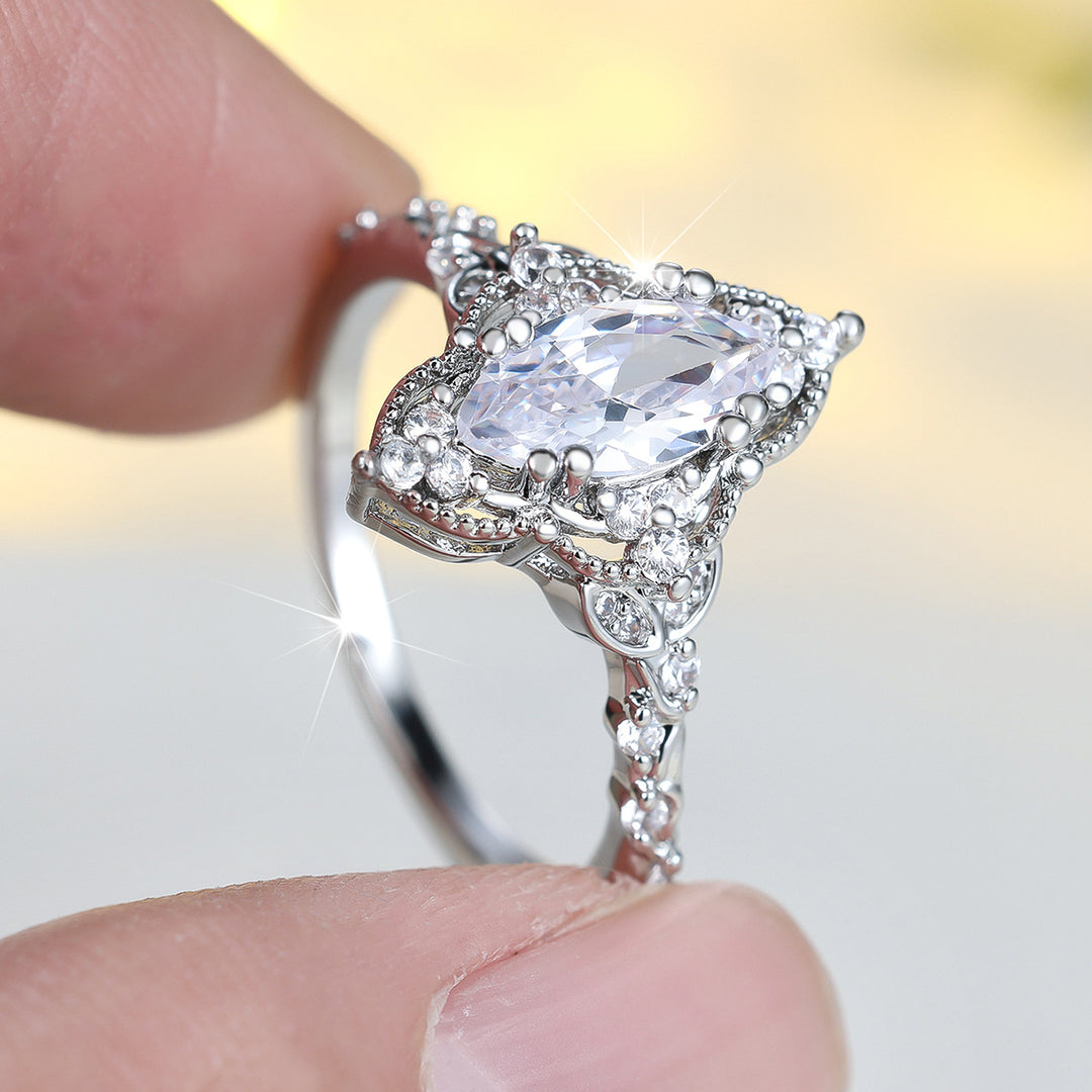 S925 Silver Vintage Marquise Diamond Ring, Ornate Hollow Carved Engagement Women’s Band