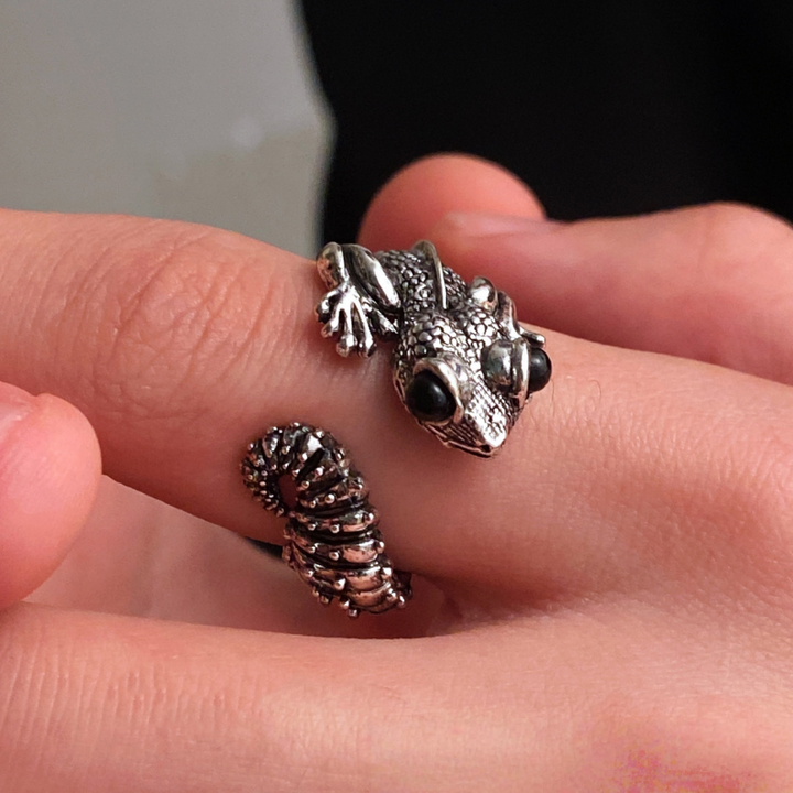 3D Chameleon Adjustable Open Ring, S925 Silver Gold-Plated & Antiqued Silver Forest Animal Unisex Band