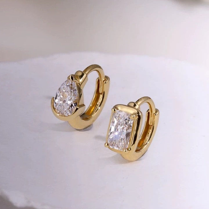 Teardrop & Rectangle Single Diamond Mini Hoop Earrings, Pear/Emerald Cut Diamond Small Click Hoops Gold Silver Dainty Daily Jewelry