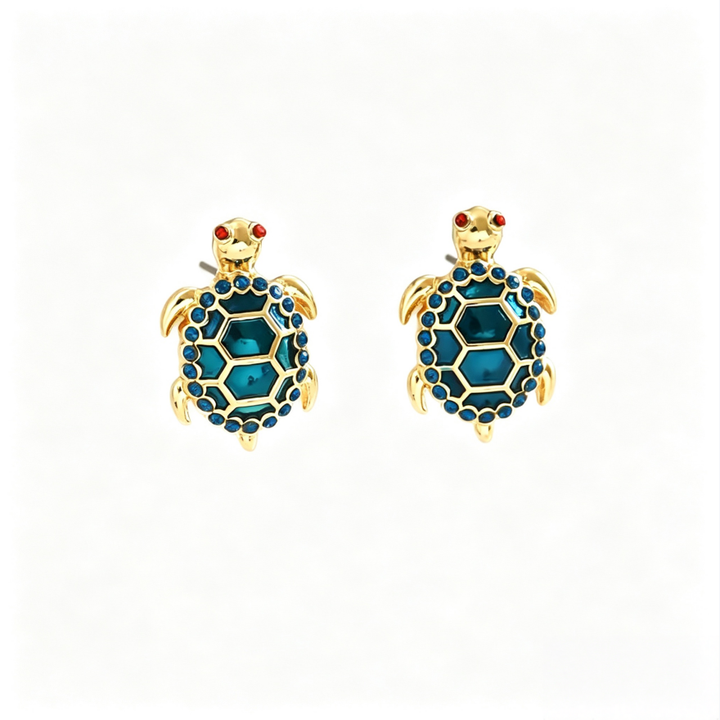 Vintage Enamel Turtle Stud Earrings, Ocean Style Paved Diamond 3D Animal Unique Earrings for Women