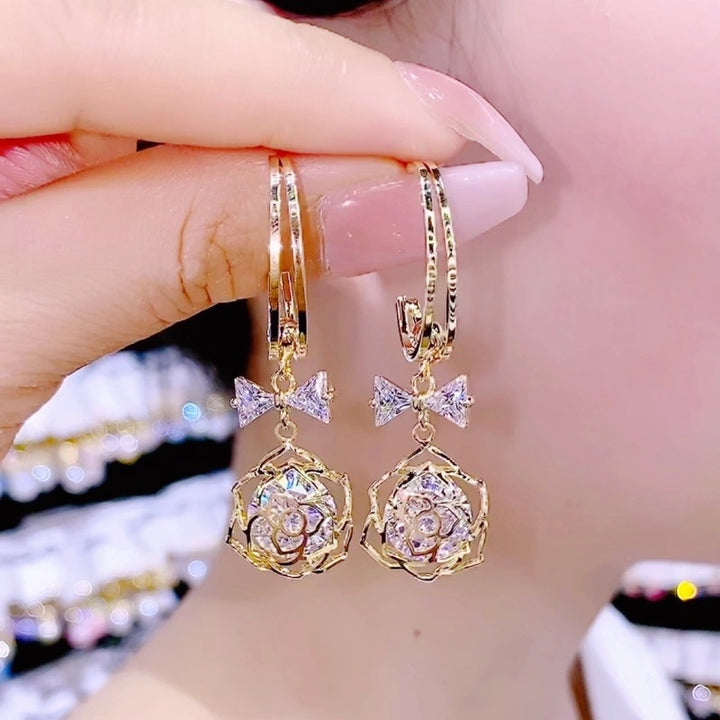 Bow‑Knot Hollow Rose Drop S925 Silver Earrings