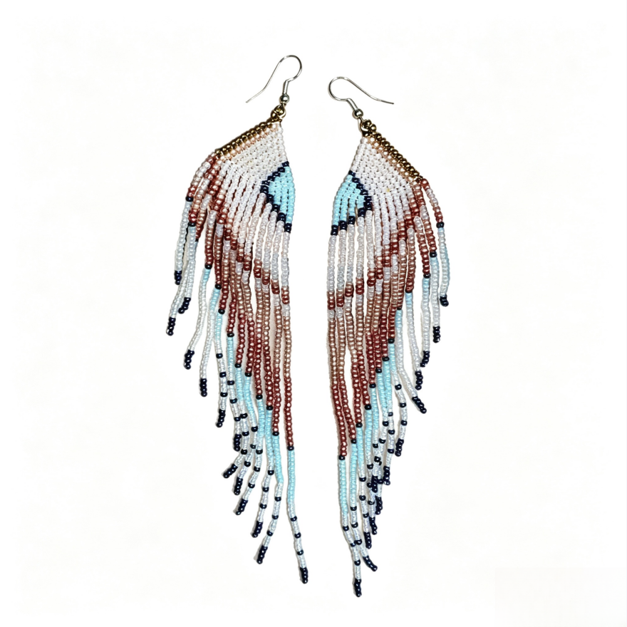 Boho Handmade Seed Bead Tassel Earrings, Ethnic Color Block Triangle Long Dangle Beaded Hook Earrings for Vacation