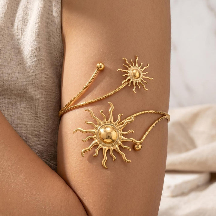 Vintage Dual Sun Pattern Adjustable Arm Cuff, Gold & Silver Bohemian Open Upper Arm Bracelet