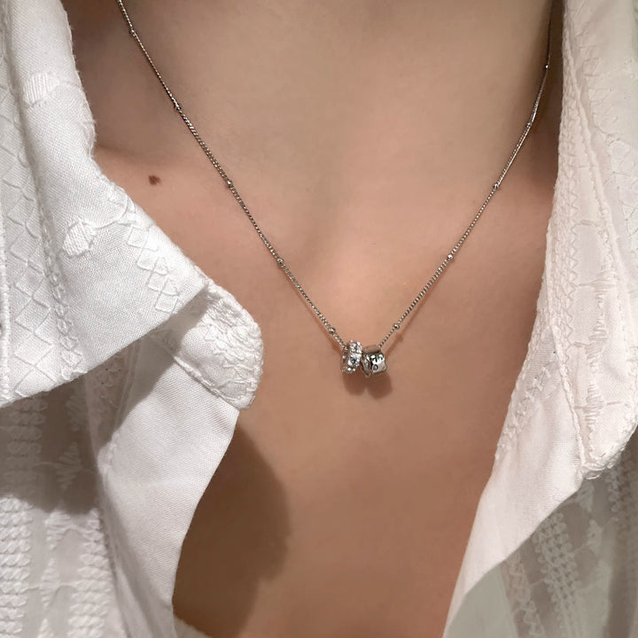 Double Ring Diamond Silver Tone Necklace (Minimalist Beaded Chain)