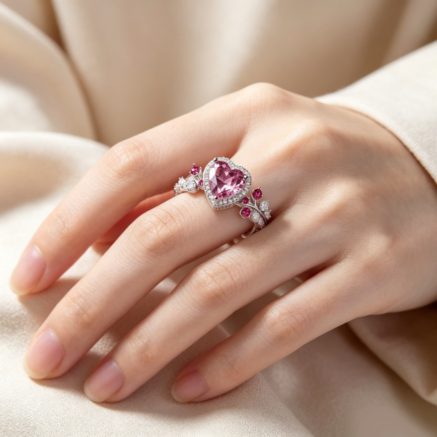 Heart‑Shaped Pink Gemstone Leaf‑Branch Diamond S925 Sterling Silver Ring