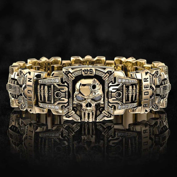 American Biker Rider Segmented Embossed Skull Crystal Wide Signet Ring, S925 Silver Two-Tone Gold & Black Vintage Men Band