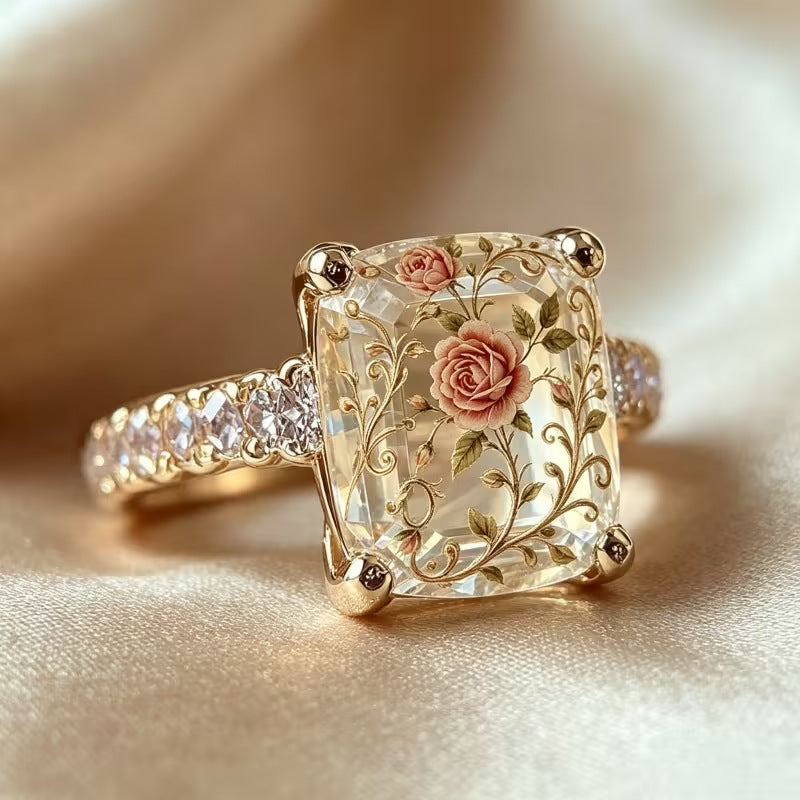 Vintage‑Style Inner‑Carved Rose Square Stone Ring, S925 Silver Elegant Floral Court‑Style Ring