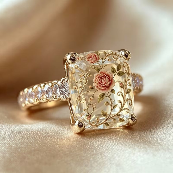 Vintage‑Style Inner‑Carved Rose Square Stone Ring, S925 Silver Elegant Floral Court‑Style Ring