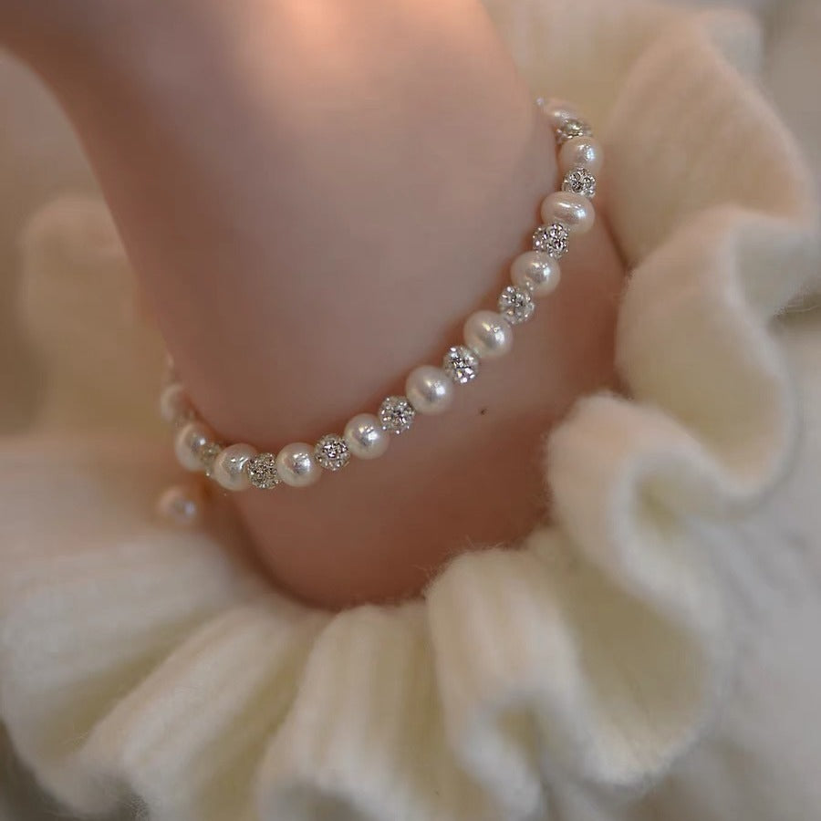 Pearl & Diamond Alternating Dainty Bracelet, Adjustable Light Luxury Wrist Jewelry