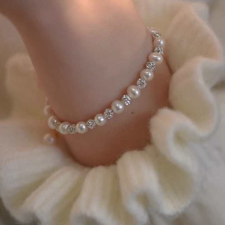 Pearl & Diamond Alternating Dainty Bracelet, Adjustable Light Luxury Wrist Jewelry