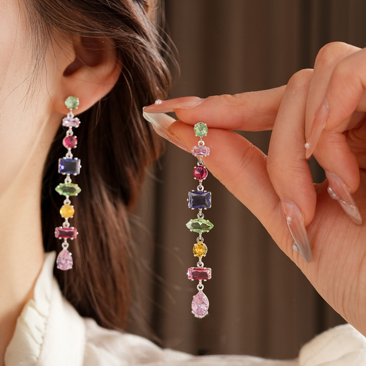 Vintage Rainbow Multi-Shape Diamond Long Drop Earrings, Gold & Silver Luxury Face-Slimming Stud Earrings for Women