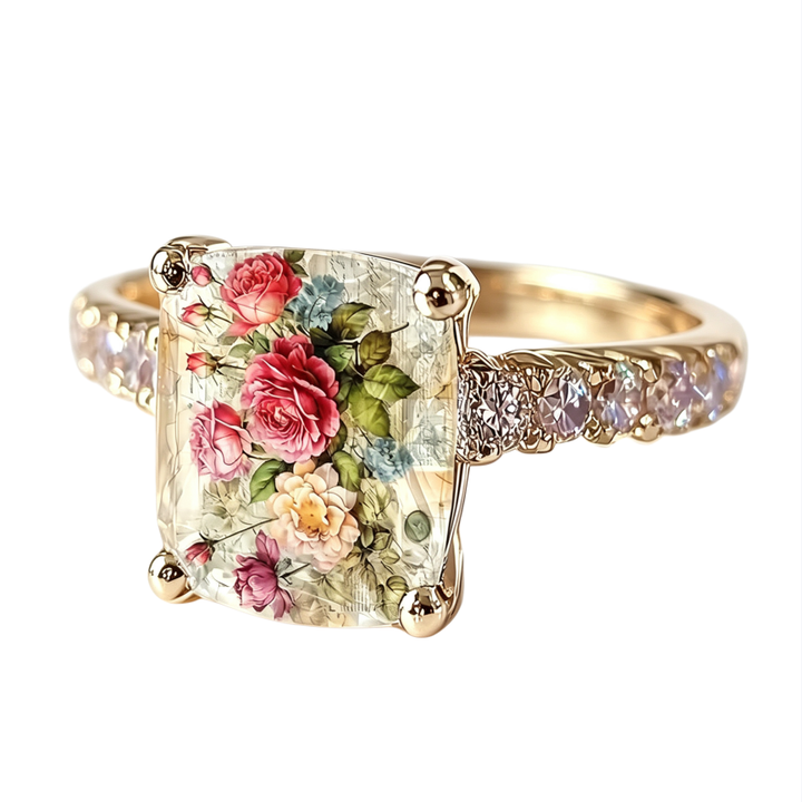 Vintage Oil Painting Rose Crackle Rectangle Resin Stone Pave Ring, Solid S925 Silver Gold-Plated French Artistic Floral Band