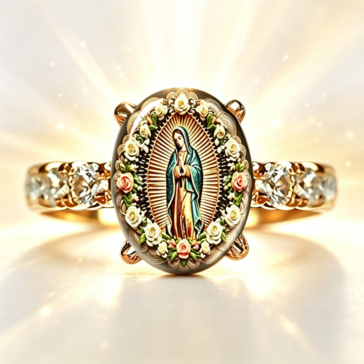 Our Lady of Guadalupe Floral Diamond‑Accented Religious Ring For Women