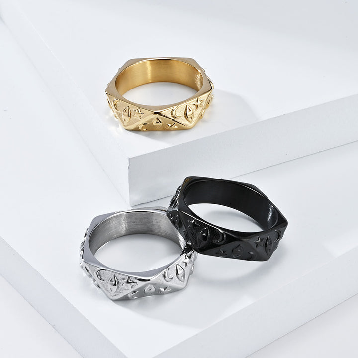 Polygonal 3D Sun Moon Star Embossed Ring, S925 Silver Gold / Silver / Black Trendy Unisex Band