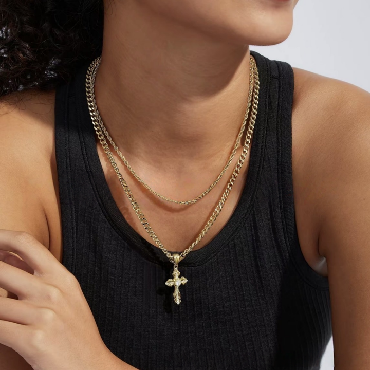 Vintage diamond Cross Layered Necklace (Hip-Hop Gold Tone Chain Set)