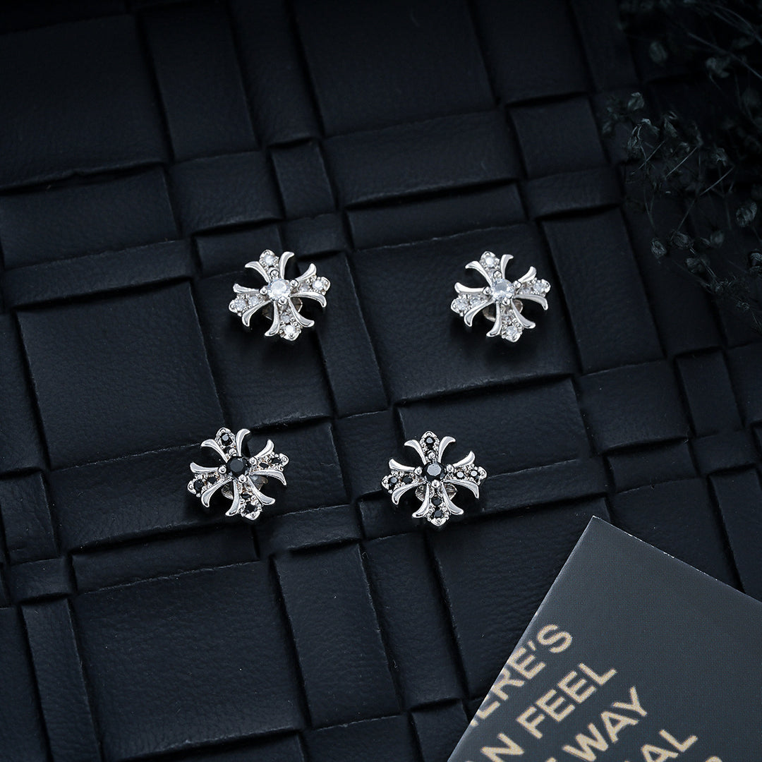 Vintage Cross Pavé Stud Earrings (Clip-On Punk Niche Jewelry)