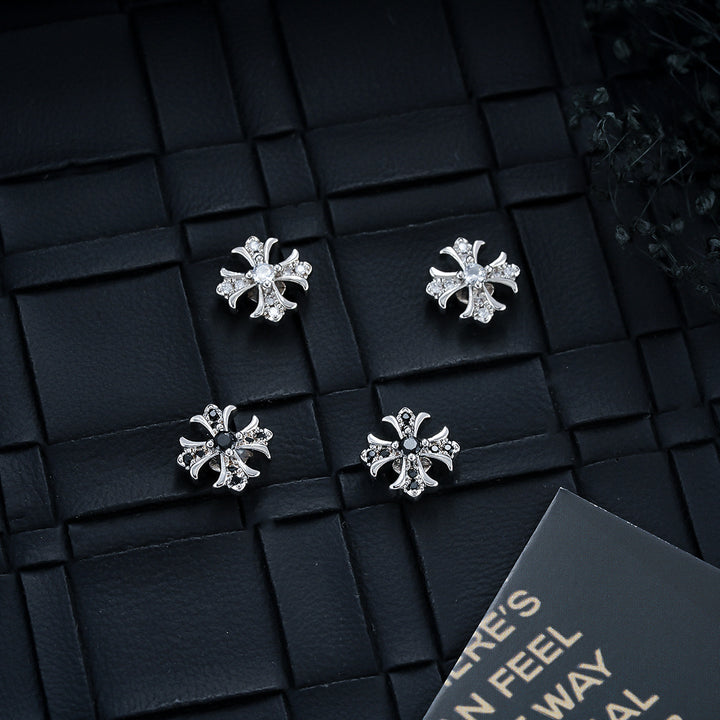 Vintage Cross Pavé Stud Earrings (Clip-On Punk Niche Jewelry)