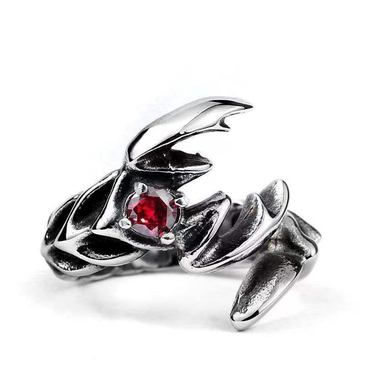 Dark‑Style Scorpion Ring With Red Gemstone, Open‑Band
