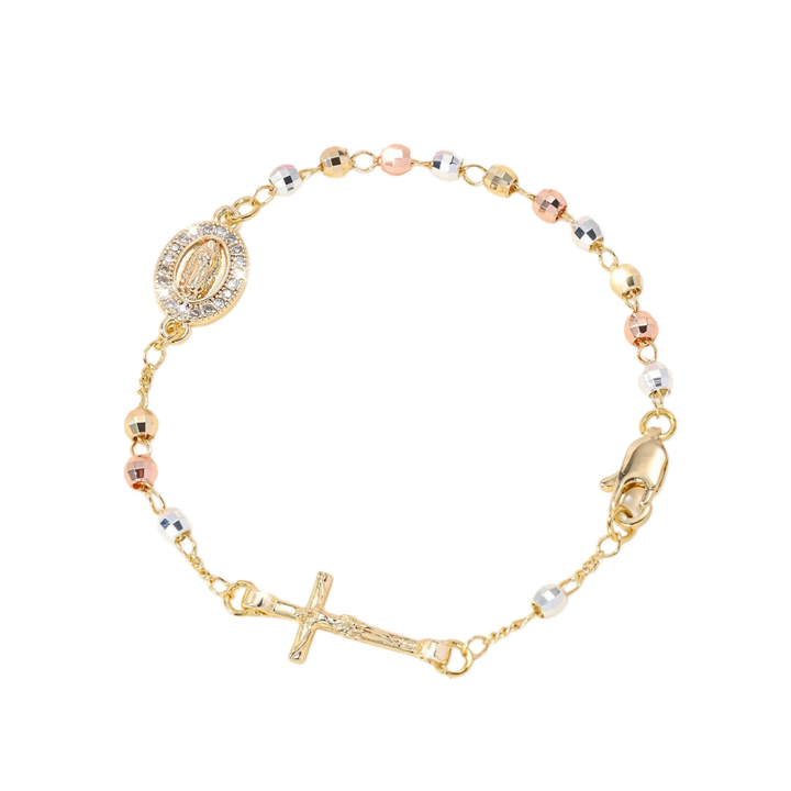 Tri-Color Faceted Bead Virgin Mary Cross Bracelet, Religious Diamond Saint Medal Jewelry, Gold Plated Rosary Bracelet for Women
