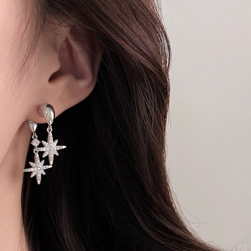 Double Octagram Paved Diamond S925 Silver Drop Earrings, Luxury Twin Star Long Earrings in Gold & Silver Tone