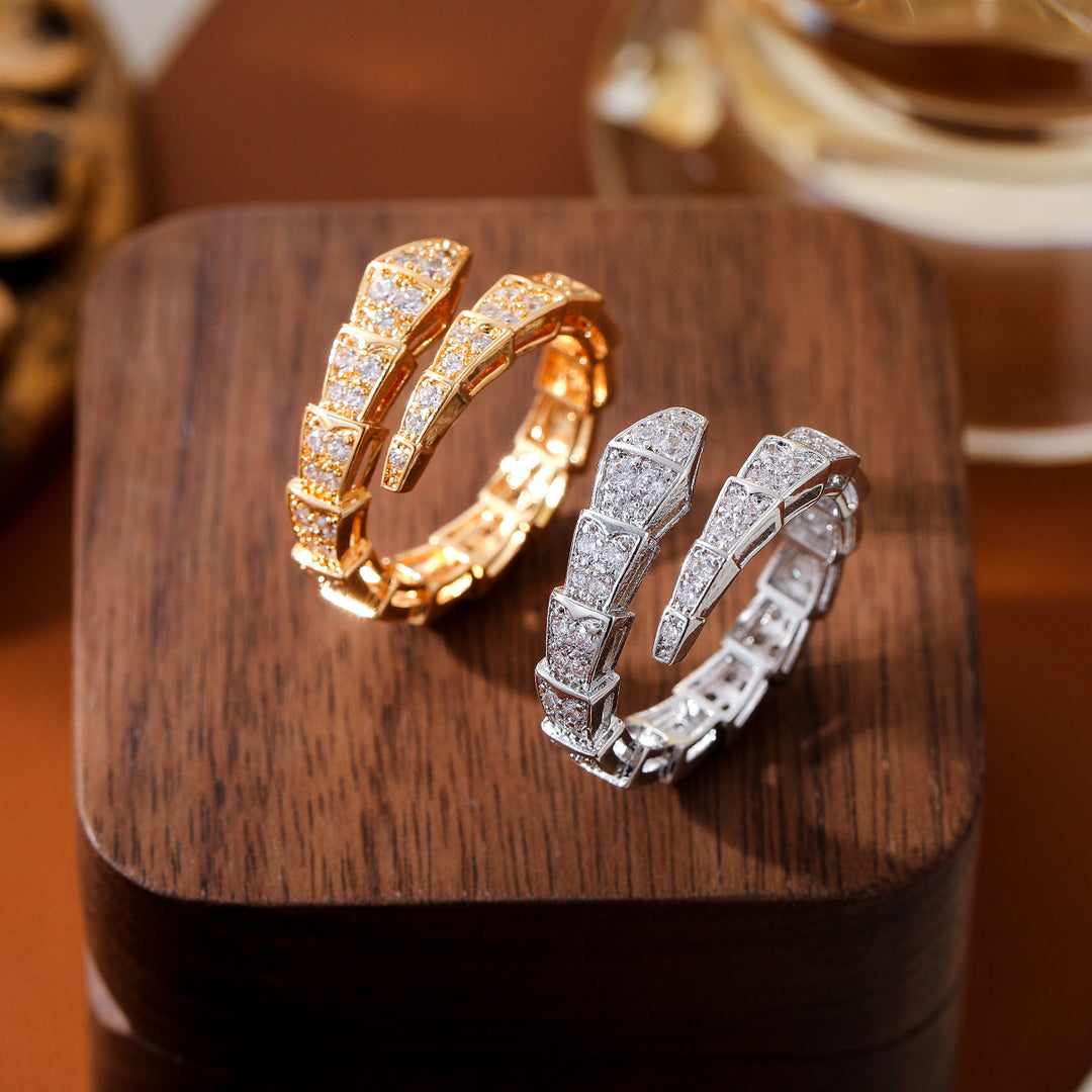 Full Pave Diamond Snake Open Ring, Gold & Silver Tone Luxury Segmented Serpent Band