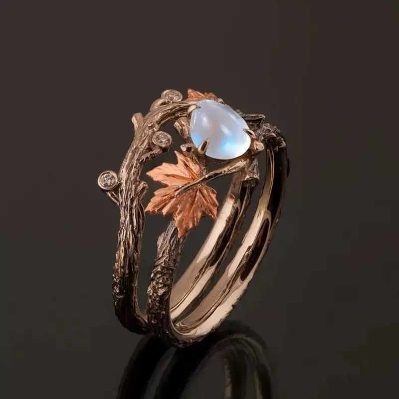Two-Tone Vintage Branch Maple Leaf Moonstone Ring Set, Forest Style Artistic Stackable Closed Ring