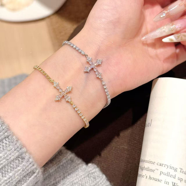S925 Silver Paved Cross Adjustable Bracelet, Minimal Luxury Two Color Stackable Wrist Jewelry