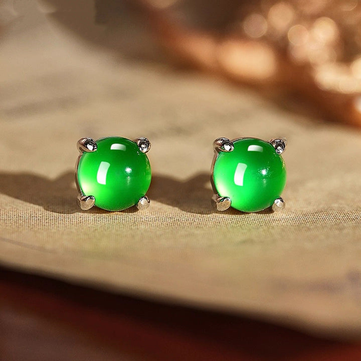 Round Green Chalcedony Four‑Prong Stud Earrings