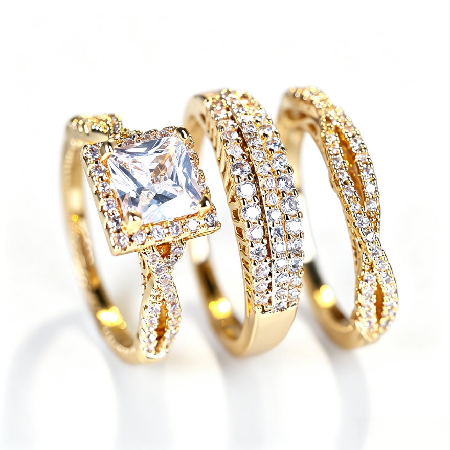 Square Center Stone Paved Three-Piece Ring Set, Luxury Stackable Engagement Ring Set