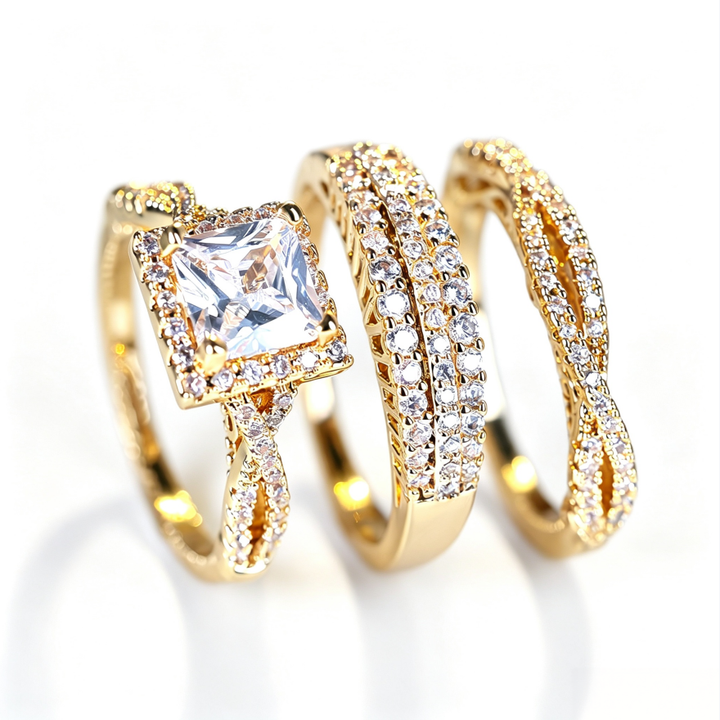 Square Center Stone Paved Three-Piece Ring Set, Luxury Stackable Engagement Ring Set