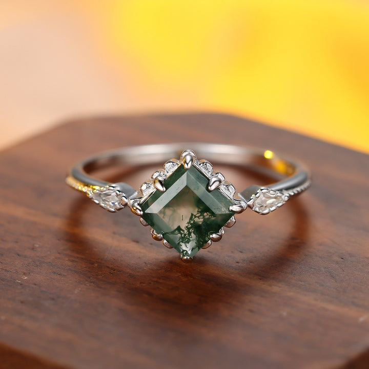 Square Moss Agate Vintage Milgrain Thin Ring, Forest Style Two-Tone Luxury Closed Dainty Daily Ring for Women