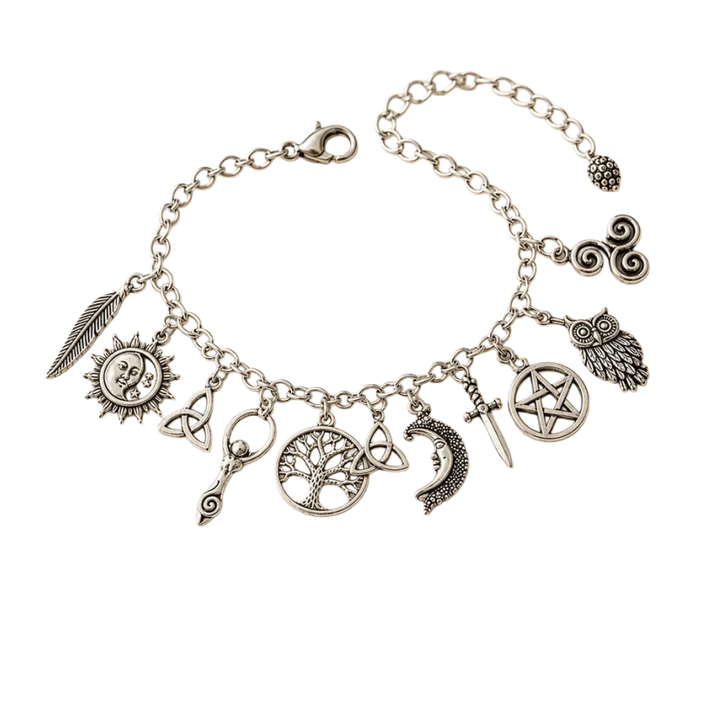 Celtic Mystical Symbol Multi-Charm Antiqued Bracelet, Solid S925 Silver Pagan Witch Sun Moon Tree of Life Multi-Pendant Wrist Jewelry