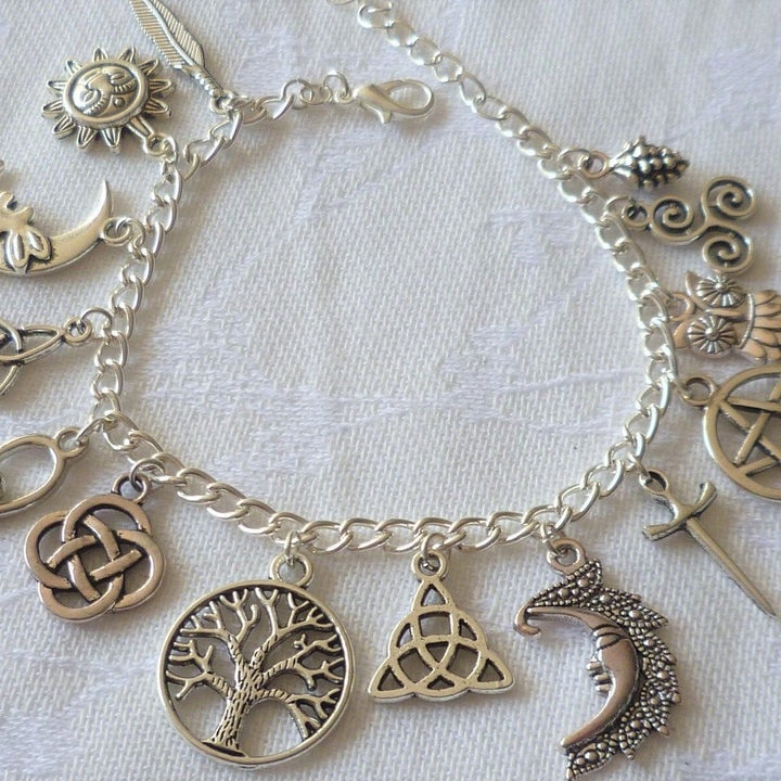 Celtic Mystical Symbol Multi-Charm Antiqued Bracelet, Solid S925 Silver Pagan Witch Sun Moon Tree of Life Multi-Pendant Wrist Jewelry