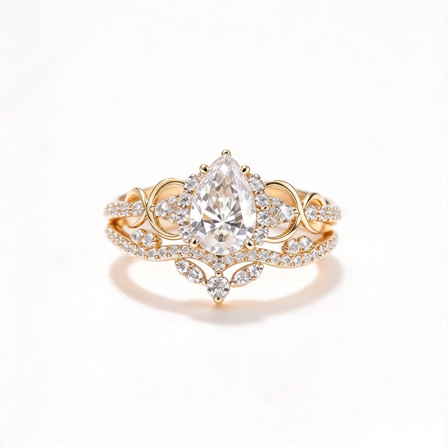 Crown Pear-Shaped Main Diamond S925 Silver Ring, Gold Double Layer Hollow Diamond Inlaid Band, Luxury Engagement Promise Ring