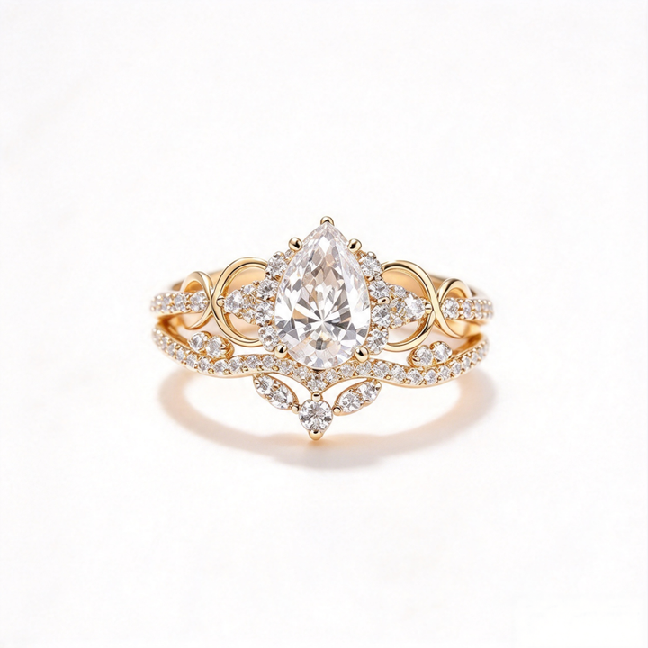 Crown Pear-Shaped Main Diamond S925 Silver Ring, Gold Double Layer Hollow Diamond Inlaid Band, Luxury Engagement Promise Ring